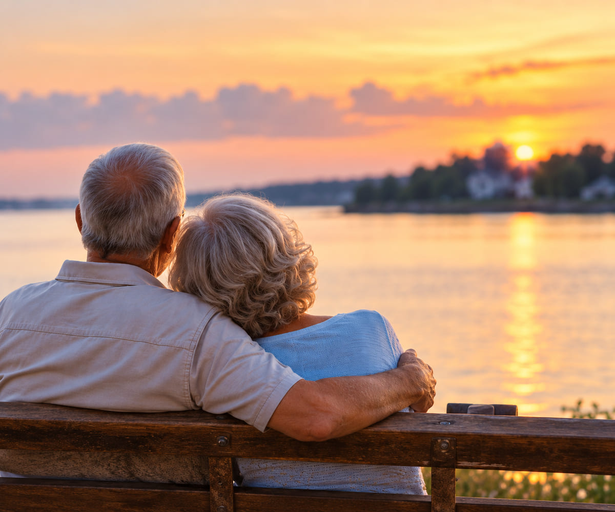 An older couple sitting on a bench, looking out over the water at sunset